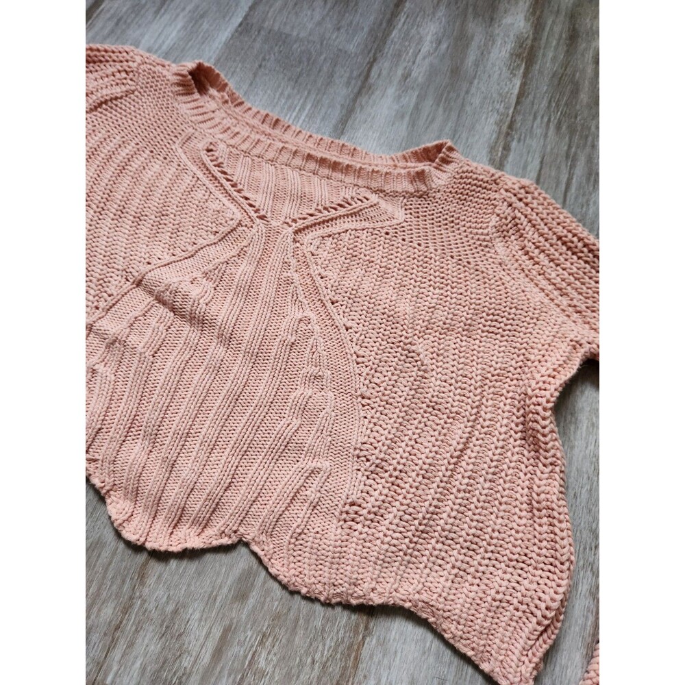 Aerie Chunky Knit Pink Sweater Crop Wide Sleeve Scalloped Hem Oversized Sz S EUC - Picture 2 of 8